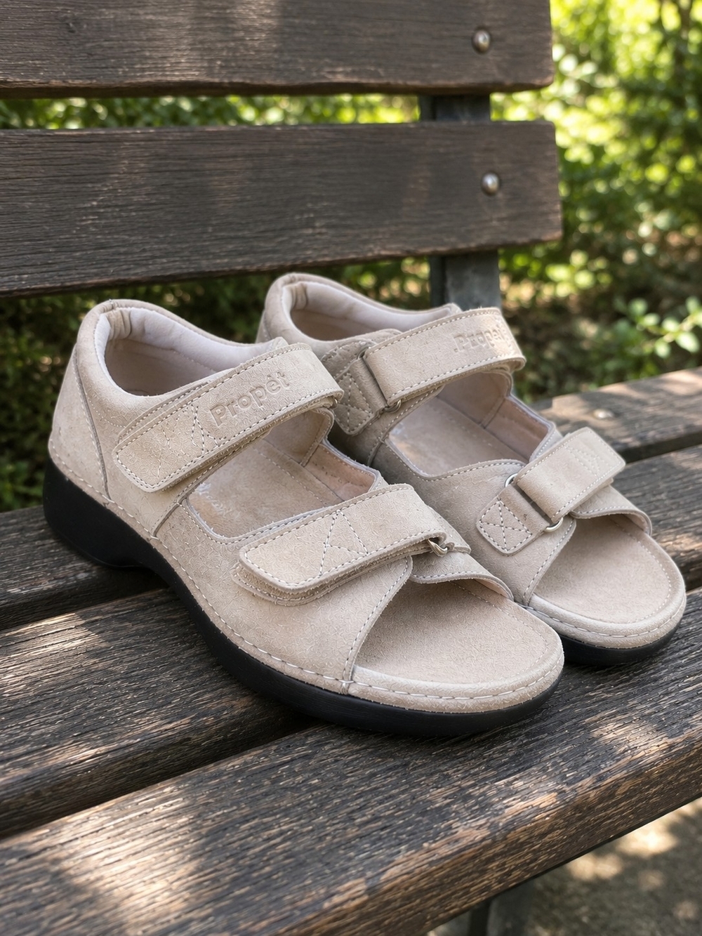 Propet Leather Comfort Sandals Beige Hook & Loop Adjustable Wedge Size 7.5 Wide